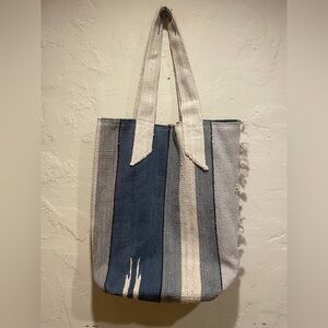 MIMBRES Woven Tote Bag in Blue and Cream RARE